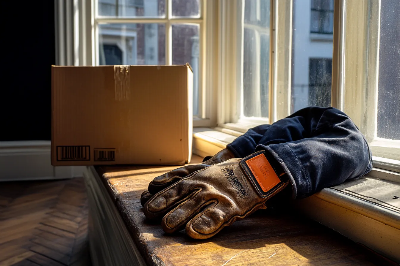 Well-worn leather work gloves on a wooden workbench — craftsmanship and dedication