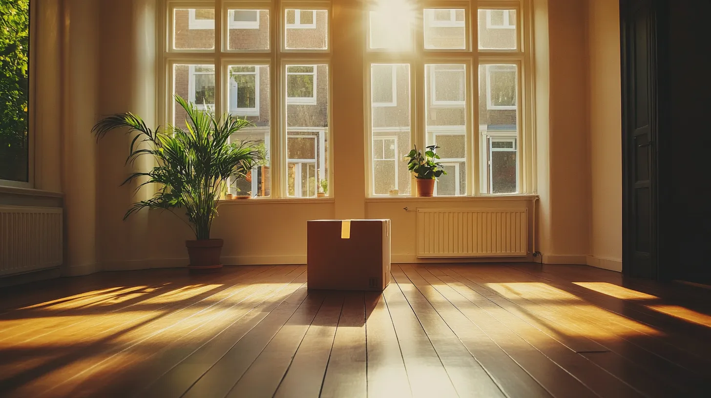 Warm morning light flooding through the windows of a cleared Dutch townhouse