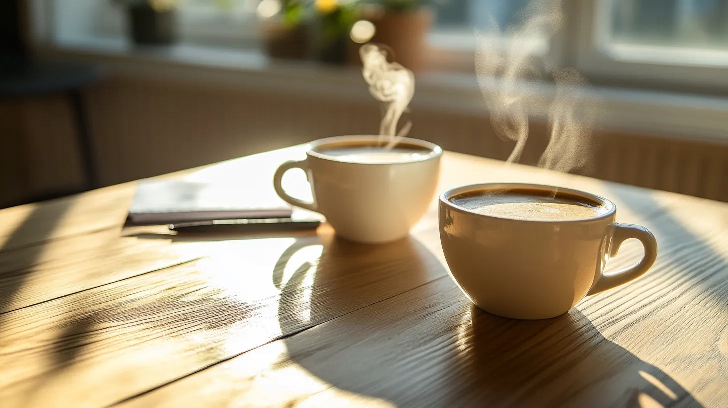 Two steaming cups of coffee on a wooden kitchen table — we're ready for a conversation